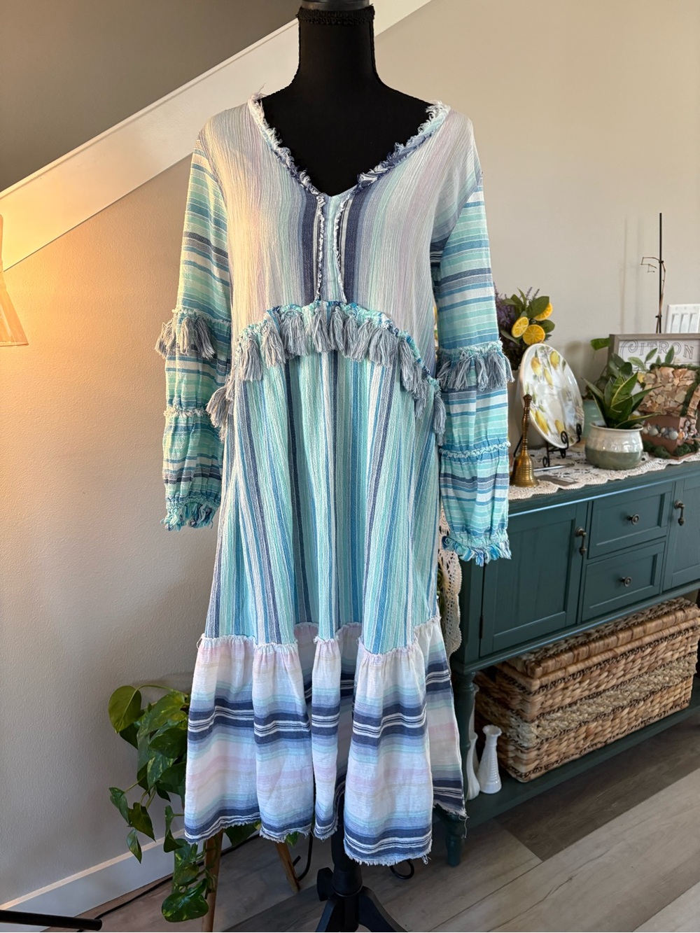 Striped Aqua Blue Tiered Maxi Dress with Fringe Trim